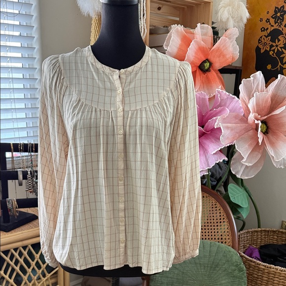 Madewell Tops - Madewell Windowpane Antique Cream Balloon Sleeve Peasant Blouse Top